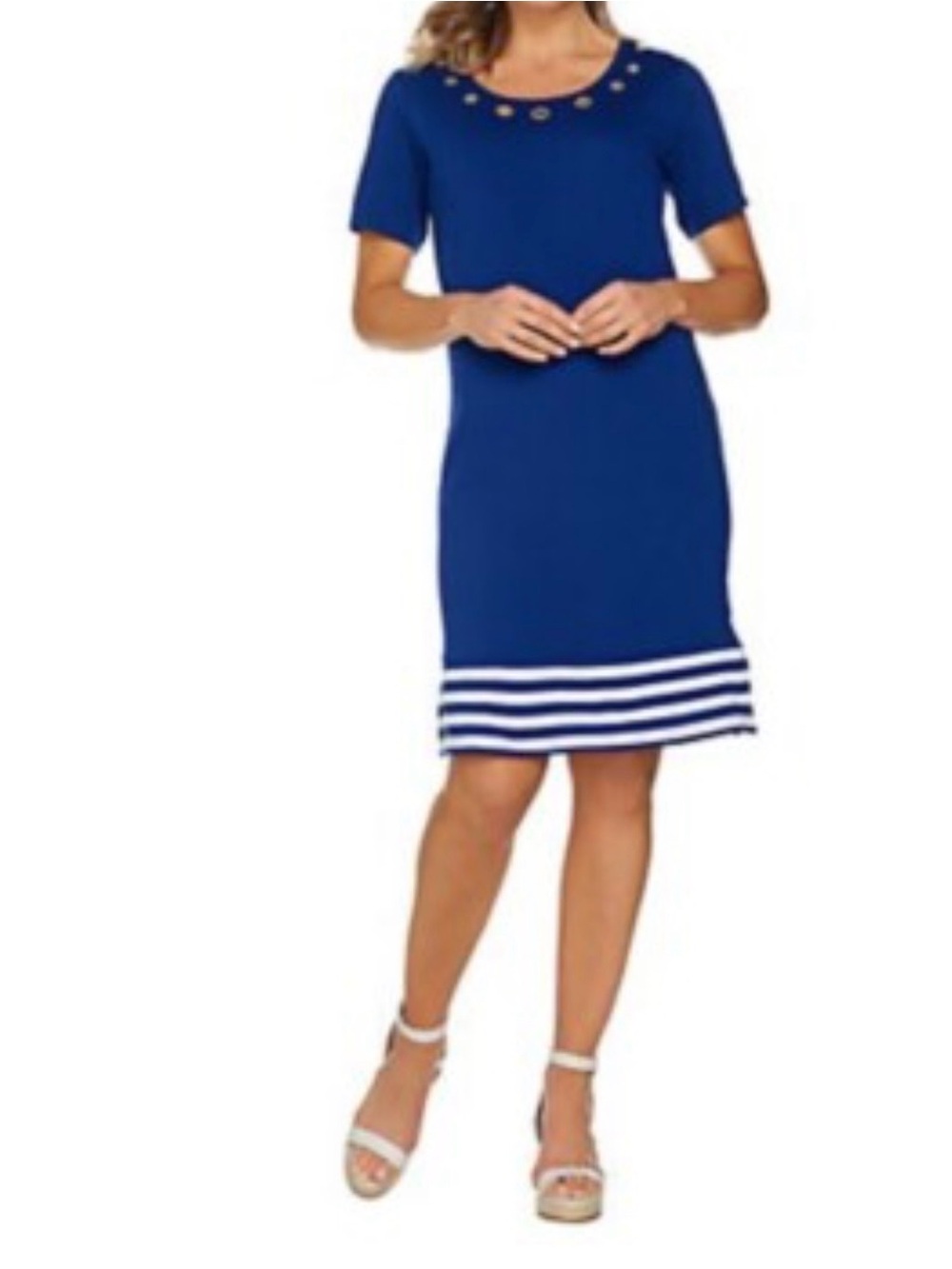 Quacker Factory Navy Dress with White Striped Hem